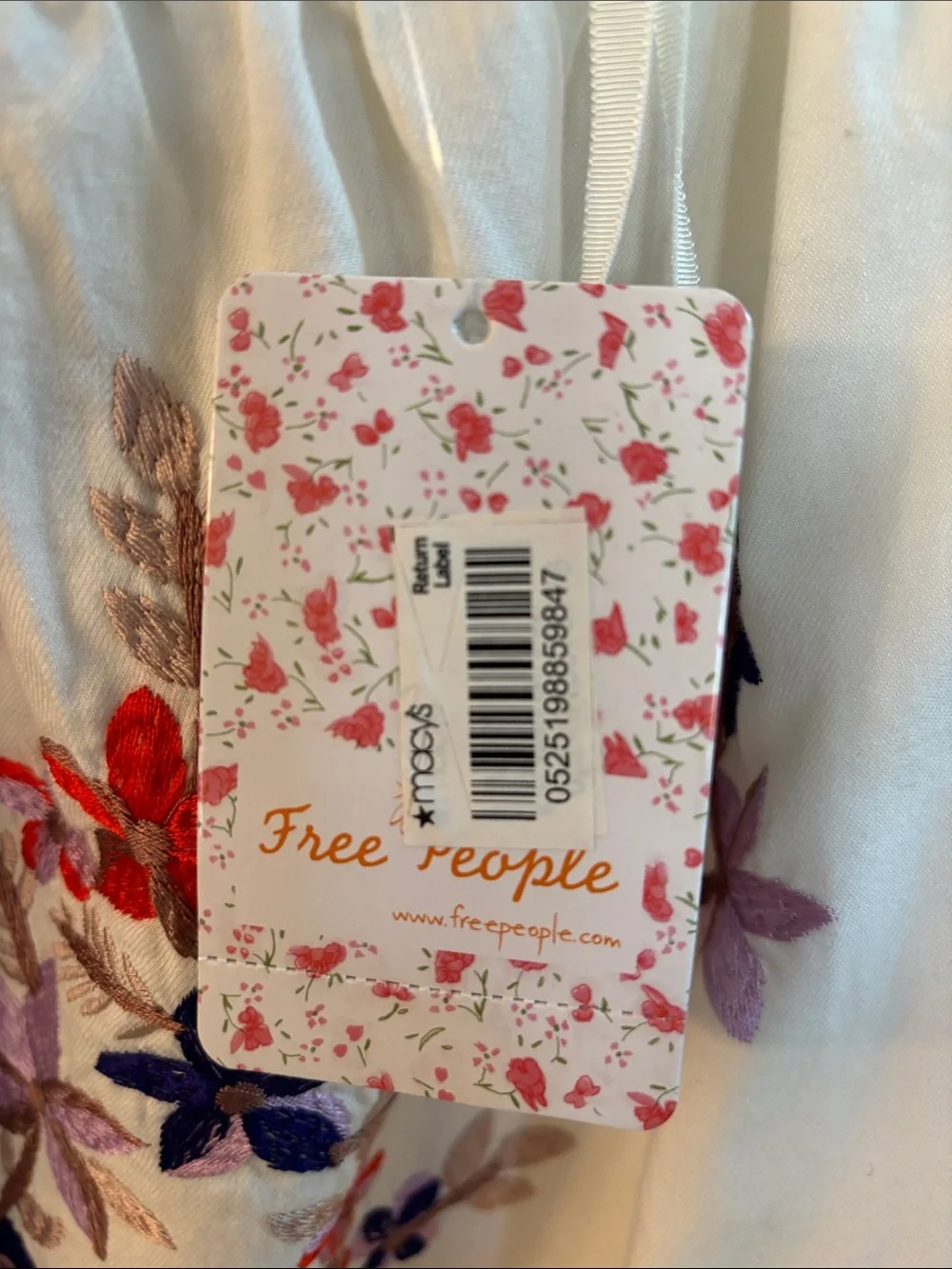 Free People White Peasant Mini Dress with Red and Purple Floral Embroidery
